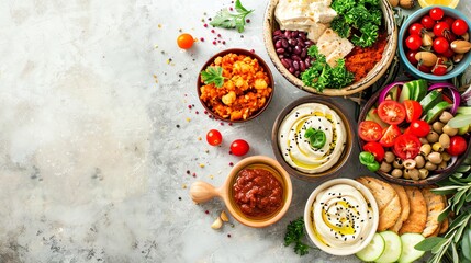 A vibrant spread of healthy Mediterranean food with vegetables, hummus, and breads, displayed on a...