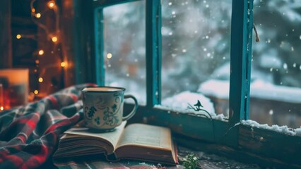 A cup of coffee sits on a table next to a book and a blanket. The scene is cozy and inviting, perfect for a relaxing winter day
