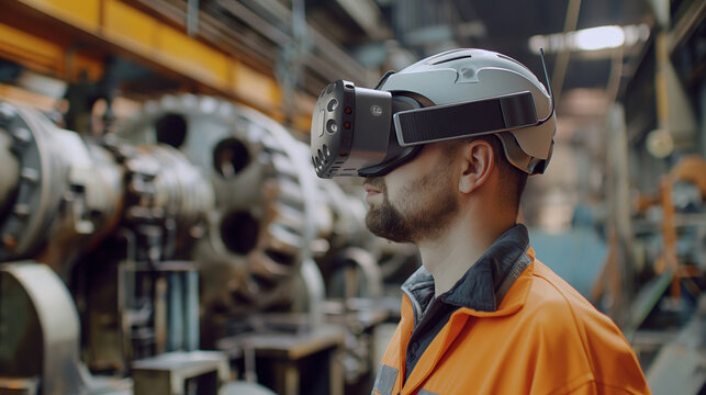 A factory worker training on machinery with VR glasses in a plant, demonstrating VR in industrial training.