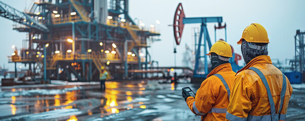 Workers in yellow safety gear overseeing operations at oil drilling site. Industrial equipment and wet ground in background
