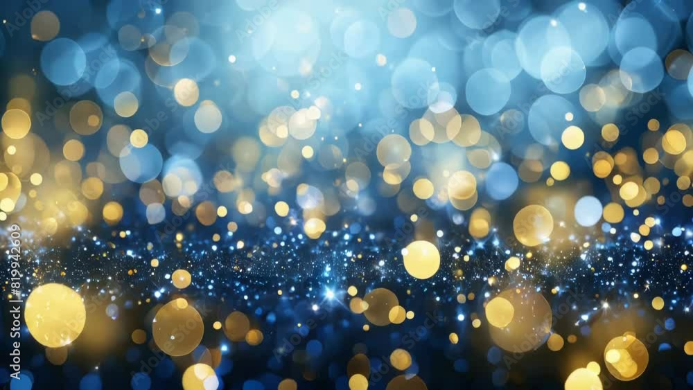 Poster a blue and gold background with many small circles. the circles are of different sizes and colors, c
