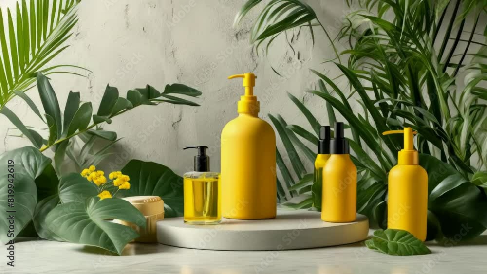 Poster a collection of yellow bottles and containers with a green background. the bottles are arranged in a