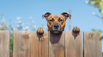 Dog peeking over wooden fence with blue sky in background. Sunlit scene with curious expression on...