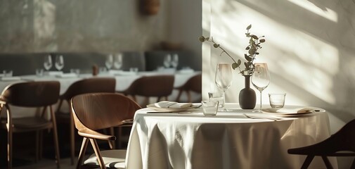 Cozy, upscale restaurant interior with elegant table setting, soft lighting, and minimalist decor - perfect for a romantic dinner or celebration.