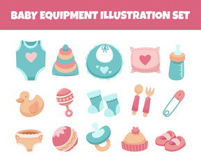 Baby toys and equipment vector illustration set