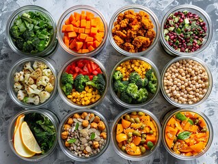 Fototapeta premium A top view of a week's worth of vegan meal prep containers, showcasing variety and nutrition, futuristic tone, Vivid