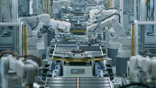 Row of White Robotic Arms at Automated Production Line at Bright Factory. Electric Car Manufacturing Line. Robot Arms Assemble Lithium-Ion EV Battery Pack for Automotive Industry. 