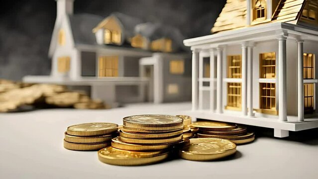 Piles of dollars and gold coin and house model, A plant growing out of a pile of coins. Generative ai, Business Finance Save Money, green sapling growing out of a pile of golden coins.	
