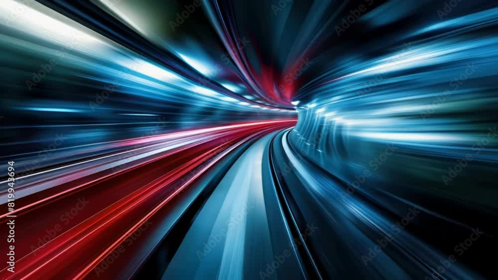 Poster tunnel with red, blue, and white lines. concept of motion and speed, as if the tunnel is moving quic