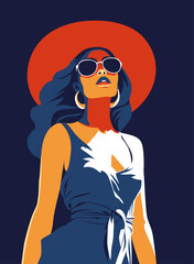 Fashionable girl. Young beautiful fashion woman with sunglasses and summer hat. Abstract female portrait, contemporary design, limited palette vector illustration