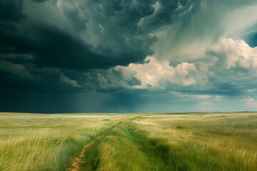 Field Under Dark Stormy Clouds: Dramatic Weather and Atmospheric Landscape