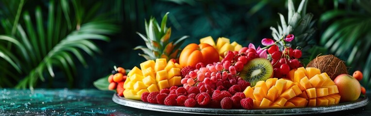 A platter of assorted fresh fruit displayed on a table
