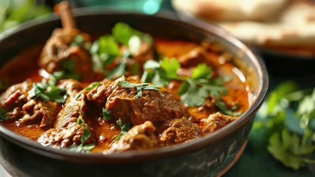 A bowl of red curry with green herbs and meat. The bowl is on a table with a plate of bread