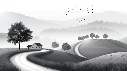 Fototapeta premium A small farmhouse sits nestled among the fields, its outline quaint against the backdrop of nature. generated AI