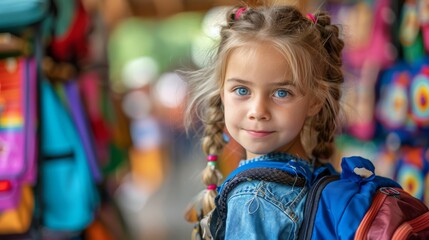 Fototapeta premium Little Girl With Backpack in Store