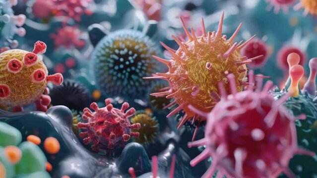 Many different types of viruses and bacteria. Scene is chaotic and overwhelming, as the viewer is bombarded with the many different types of microorganisms