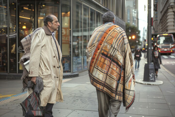 A wealthy individual in a designer suit walking past a homeless person in a worn-out blanket on a busy city street. The juxtaposition highlights the economic disparities within the same urban space.