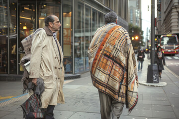 Obraz premium A wealthy individual in a designer suit walking past a homeless person in a worn-out blanket on a busy city street. The juxtaposition highlights the economic disparities within the same urban space.