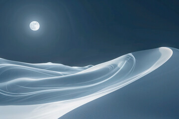 Abstract aerial view of a minimalist landscape, resembling sand dunes under moonlight. The smooth...