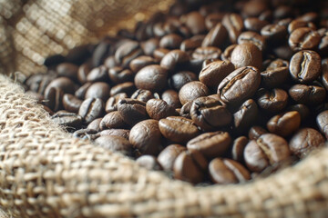 Fresh coffee beans spilling from a burlap sack, close-up on the textured surface of the beans, warm lighting - Powered by Adobe