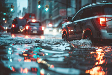 Flash flooding in an urban setting, water rushing through streets, cars stranded, emergency lights reflecting in floodwaters