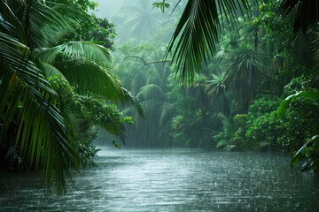 Monsoon Rains Lashing Tropical Jungle with Overflowing Rivers and Vibrant Green Foliage