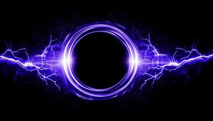 Circular frame illuminated by flashes of electric lightning. Mockup background, empty space for text