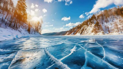 A frozen lake with a bright blue sky in the background. The sky is clear and the sun is shining brightly. The lake is covered in ice and the water is still. The scene is peaceful and serene
