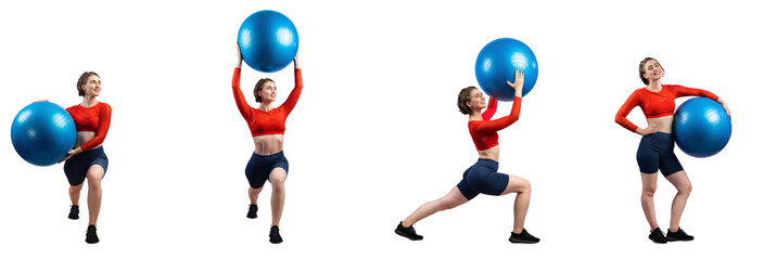 Healthy and active young woman in sportswear with different professional fitness posture set of weight and body training. Ball exercise on isolated background in gaiety full body length shot.