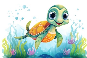Obraz premium Cute cartoon sea turtle swimming underwater with sea plants and bubbles