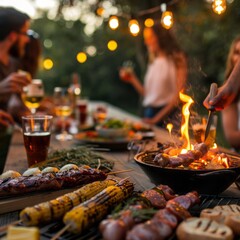 Fototapeta premium Close-up BBQ food. Group of friends having barbecue party outdoors. AI generated