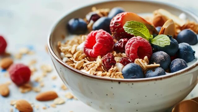 A bowl of cereal with blueberries and raspberries. The bowl is white and has a green leaf on top