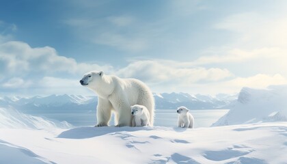 Polar bears walks in extreme winter weather, standing above snow with a view of the frost mountains
