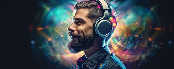Fototapeta premium Create a photo of a man with epic beard and headphones listening to his vibe. Make him look like he is in his element.