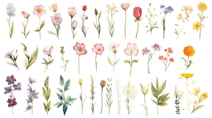 Set of watercolor wildflowers painting isolated on clear png background and transparent background. Fresh and nature concept for nature decorative and flower element, AI generative.	