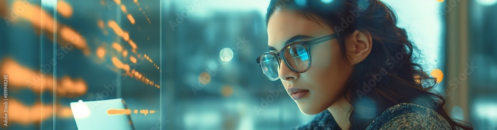 Aufkleber focused female programmer working diligently on computer code in a modern office space. her glasses 