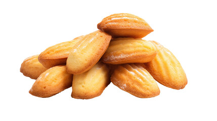 Madeleines on white isolated on clear png background and transparent background. Bakery and pastry concept for cafe and restaurent, AI generative.