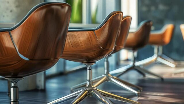 A row of wooden chairs with metal legs sit in a room. The chairs are all facing the same direction, and they appear to be arranged in a semi-circle