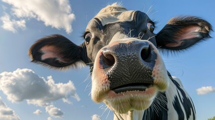 Curious black and white cow looking at the camera under blue sky
