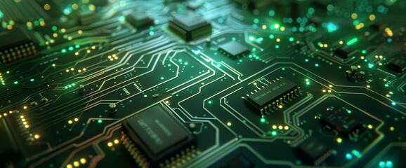 Obraz premium Futuristic 3D Circuit Board with Intricate Microchips and Glowing Circuitry in Green and Teal Tones