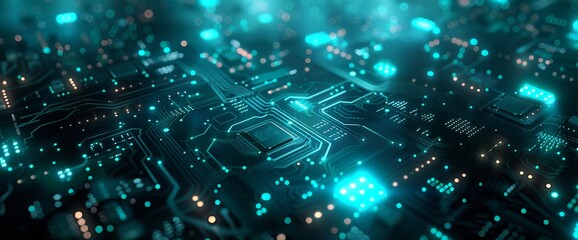 Fototapeta premium Futuristic 3D Rendering of Closeup Circuit Board with Chip in Blue and Teal Colors - High-Tech Digital Design Concept Background