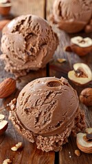 Fototapeta premium Decadent chocolate ice cream scoop with nuts and wooden background