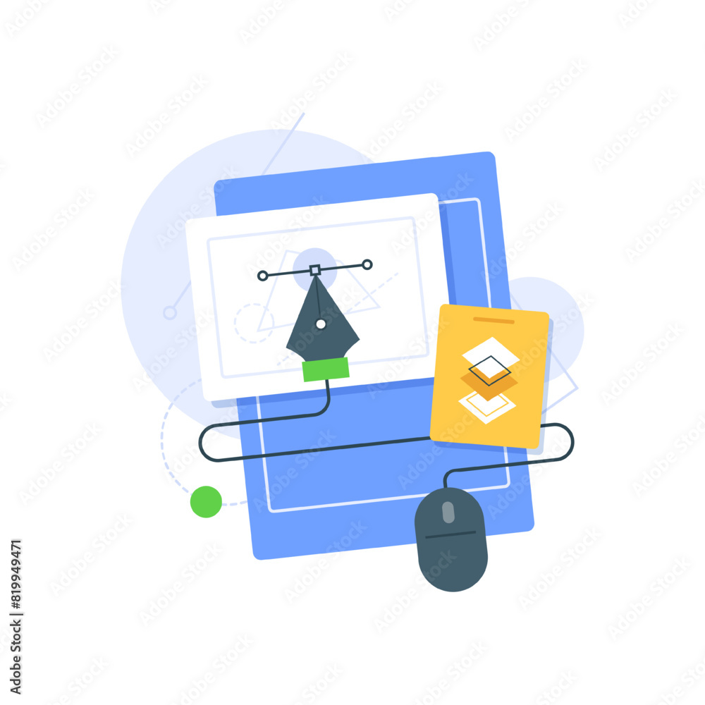 Poster paper with vector tool attached to a mouse, this digital designing process showing icon for graphic 