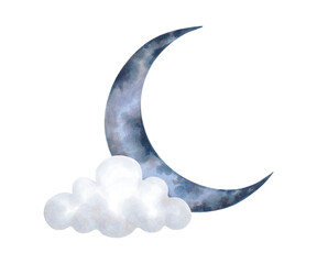 Clipart of a crescent moon with a cloud. Illustration with watercolor and marker. Isolated hand drawn art with sky elements. Cute cartoon sketch, suitable for kids room decor, clothes or baby shower