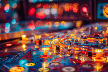 A close-up of a colorful pinball machine with its intricate details and bright lights.