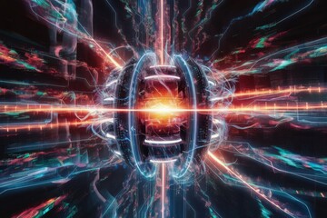 Obraz premium The image shows a futuristic scene with a central energy burst surrounded by circular structures. Radiating blue and red light streaks create dynamic movement, highlighting intense energy and advance