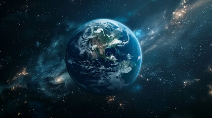 Obraz premium Embark on a captivating journey to witness the stunning beauty of Earth in the vastness of space, adorned with stars and nebulae in the cosmic cosmos, creating a mesmerizing view of the universe