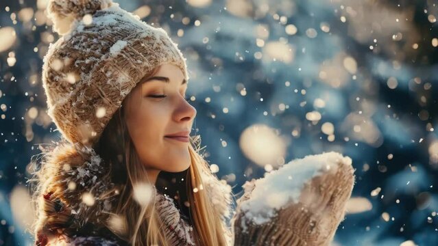 A woman wearing a hat and a scarf is blowing snow into the air. She is smiling and she is enjoying the winter weather