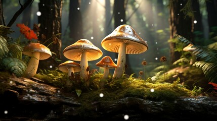 Fototapeta premium Enchanting Encounter: Mystical Mushrooms Beckon in the Veiled Depths of the Enigmatic Forest, A Captivating Journey into the Heart of Nature's Secrets