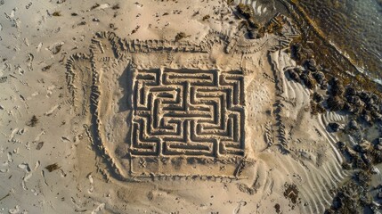 A mesmerizing sand labyrinth, created on a beach, with intricate patterns resembling a work of art. The aerial view captures the harmonious blend of natural materials and landscape AIG50